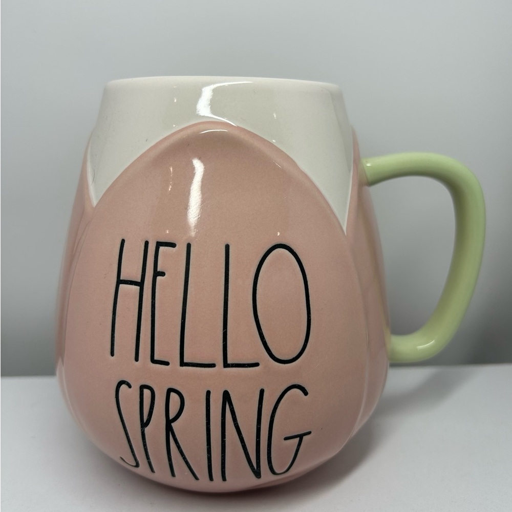 Rae Dunn Pink Tulip Mug with Cream Top and Light Green Handle